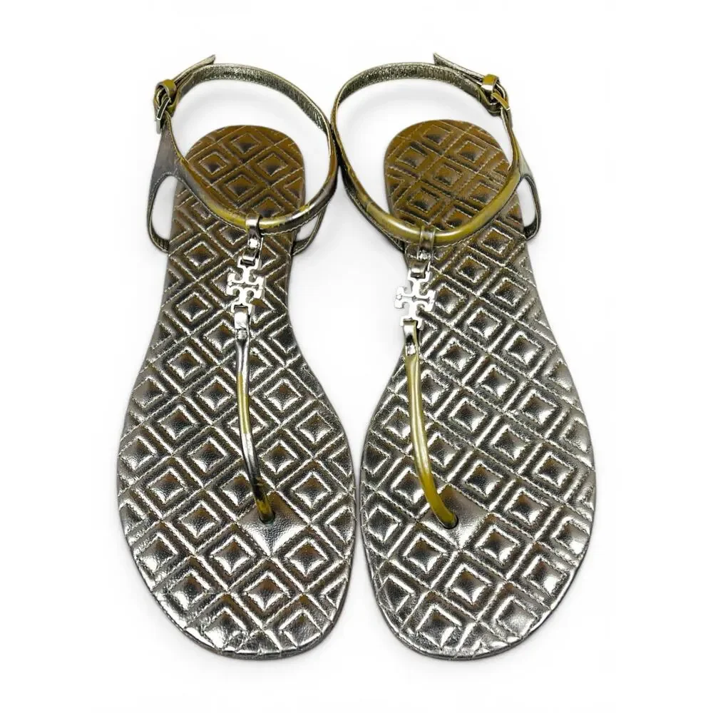 Tory Burch Marion Gold Metallic Quilted Leather Thong Sandals Logo Charm 9